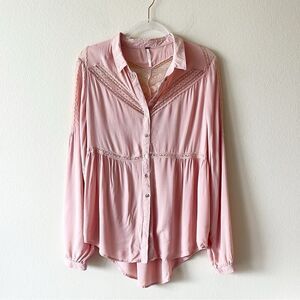 Free People Wild Wing Woven Lace Button Down Long Sleeve Flowy Top